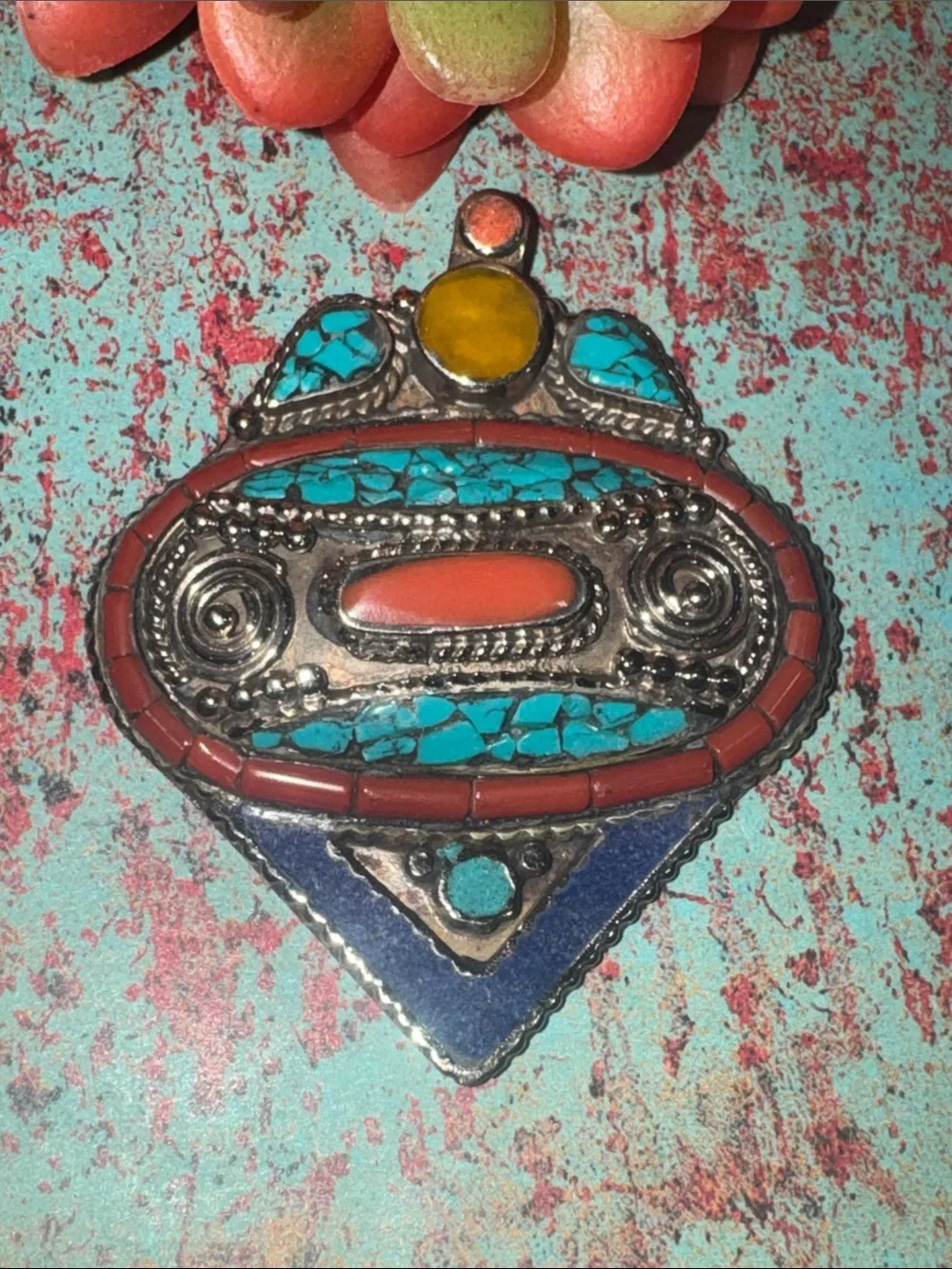Tibetan Turquoise & Coral Pendant